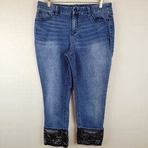 Chico’s So Slimming Ankle Jeans 1P Petite Medium (8–10P) Lace Hem Stretch Denim